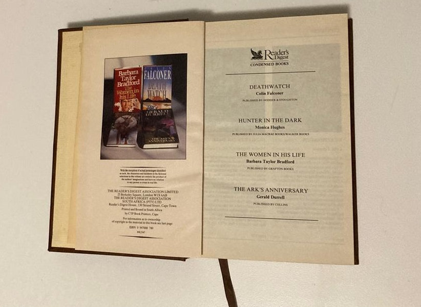Reader's Digest Condensed books (Deathwatch - Colin Falconer; Hunter in the dark - Monica Hughes; The women in his life - Barbara Taylor Bradford; The ark's anniversary - Gerald Durrell)